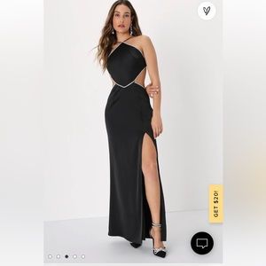 Lulu’s sparkly stunner black satin rhinestone halter lace-up maxi dress